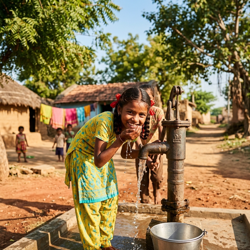 Smiling child drinking safe water from a hand pump in a rural village